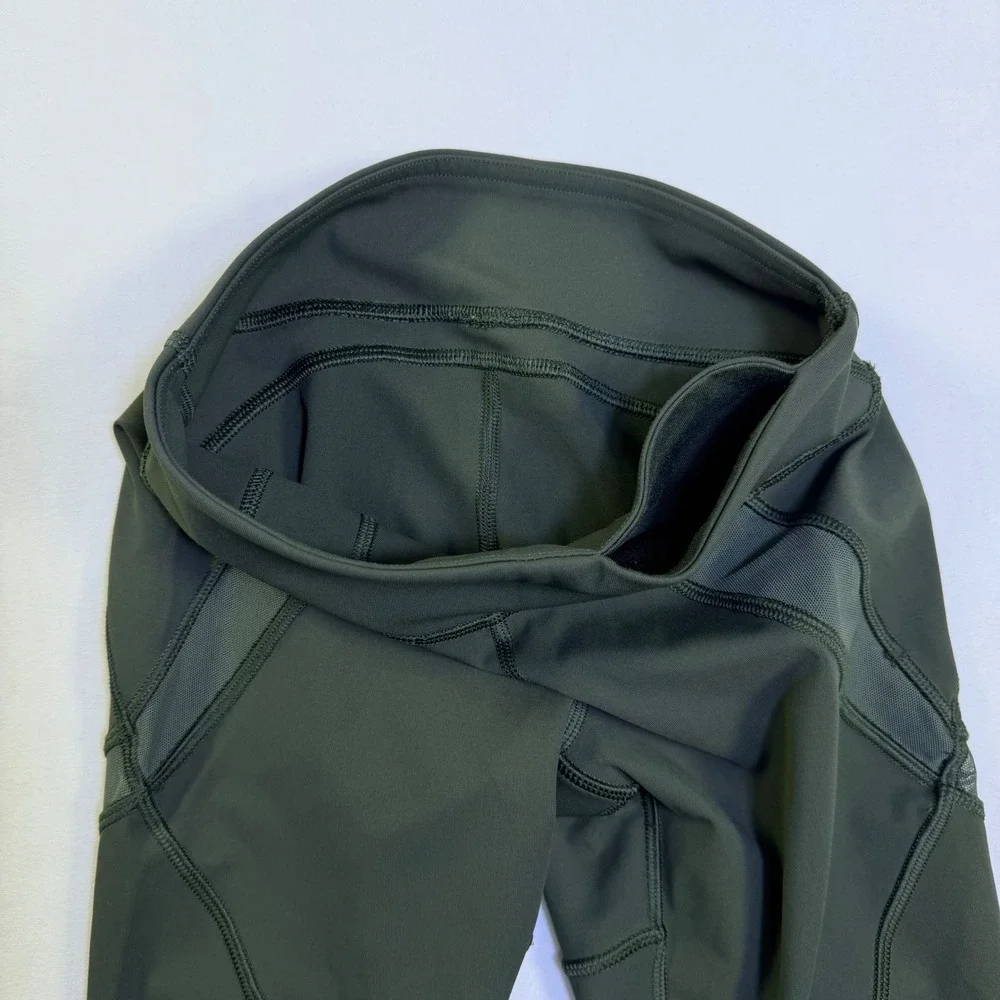 Lululemon Tight Stuff Crop II Dark‎ Olive Green Mesh Running Tights Yoga Size 2